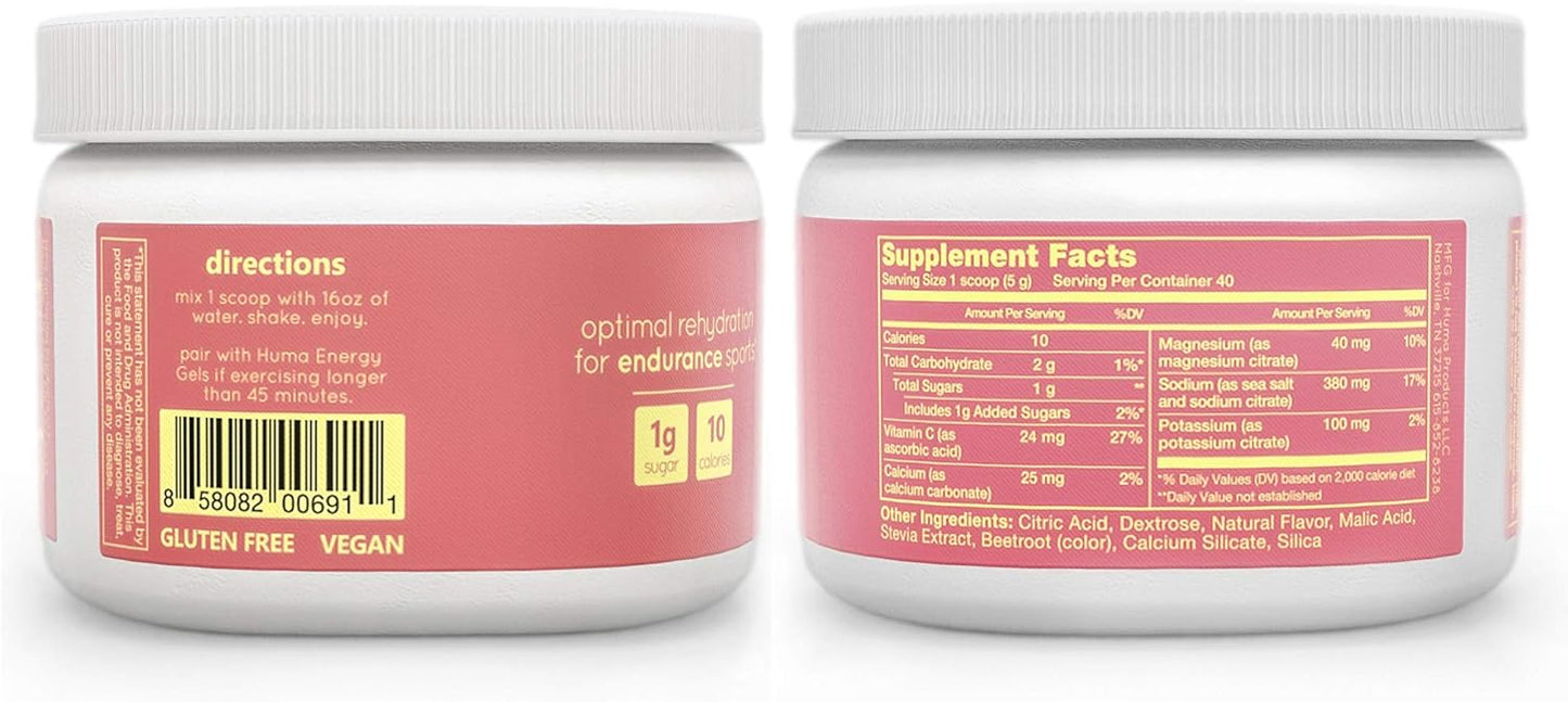 HÜMA CHIA Hydration Drink Mix, Raspberry Lemonade - Low Calorie, High Electrolyte Powder - 100% Natural, 40 Servings