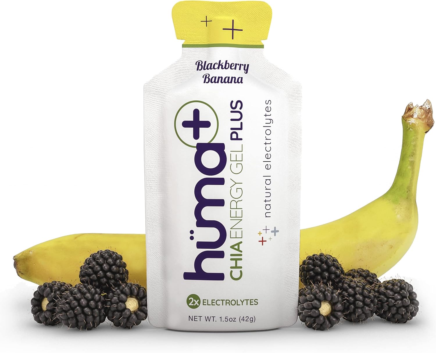 HÜMA Plus Chia Energy Gel - BlackBerry Banana Flavor, 12 Pack - Double Electrolytes, Stomach-Friendly Real Food Energy Gel