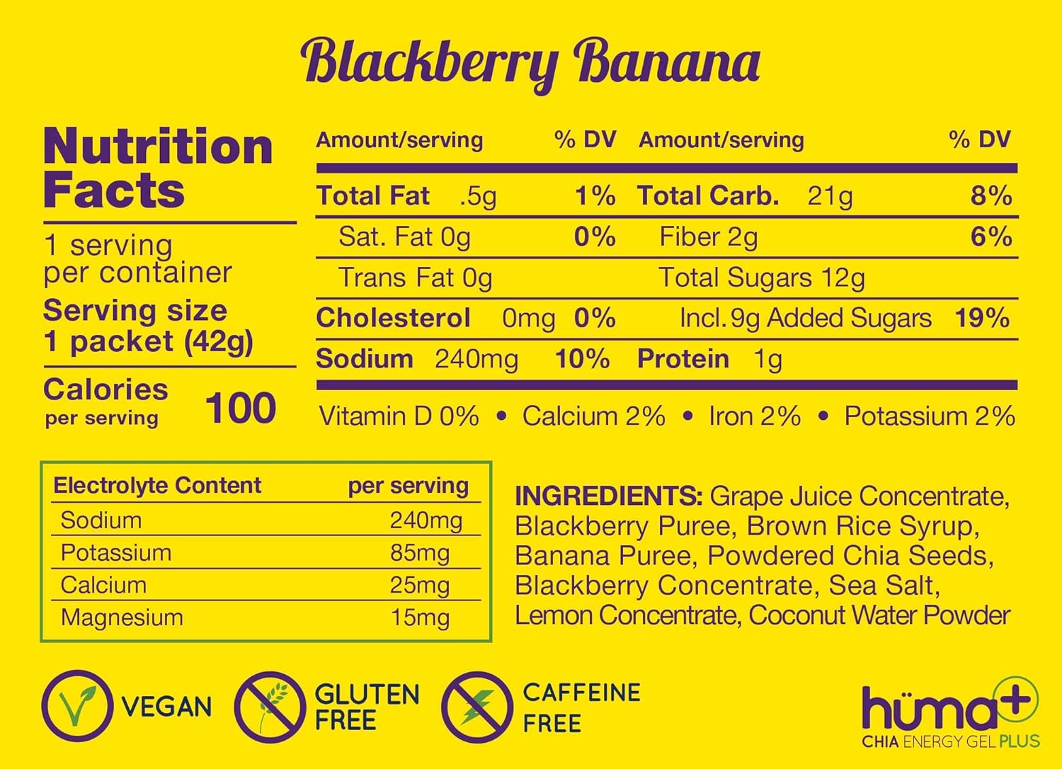 HÜMA Plus Chia Energy Gel - BlackBerry Banana Flavor, 12 Pack - Double Electrolytes, Stomach-Friendly Real Food Energy Gel