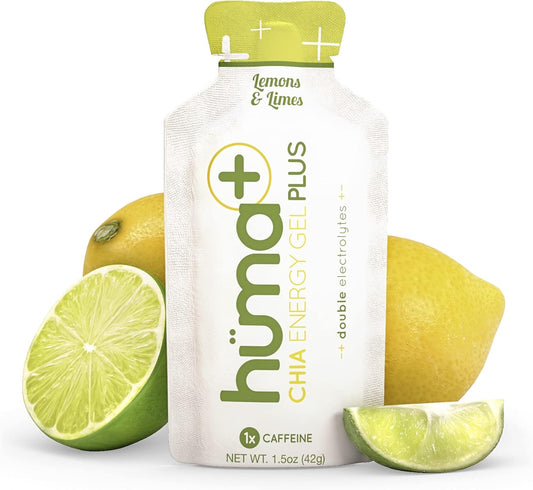 HÜMA Plus Chia Energy Gel Lemon Lime with Double Electrolytes - 12 Gels, 1x Caffeine for Natural Energy Boost - Easy on Stomach