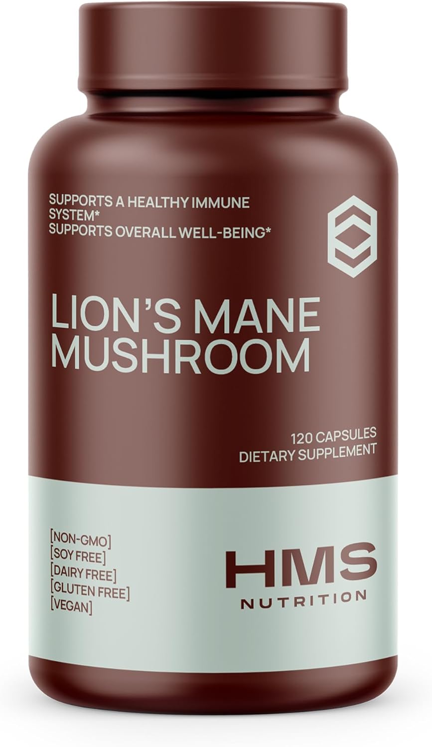 HMS Nutrition Lion's Mane Mushroom 1000mg Capsules - Vegan Non-GMO Supplement (120 Count)