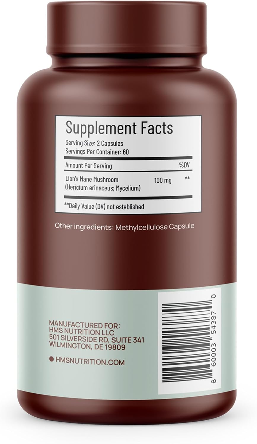 HMS Nutrition Lion's Mane Mushroom 1000mg Capsules - Vegan Non-GMO Supplement (120 Count)