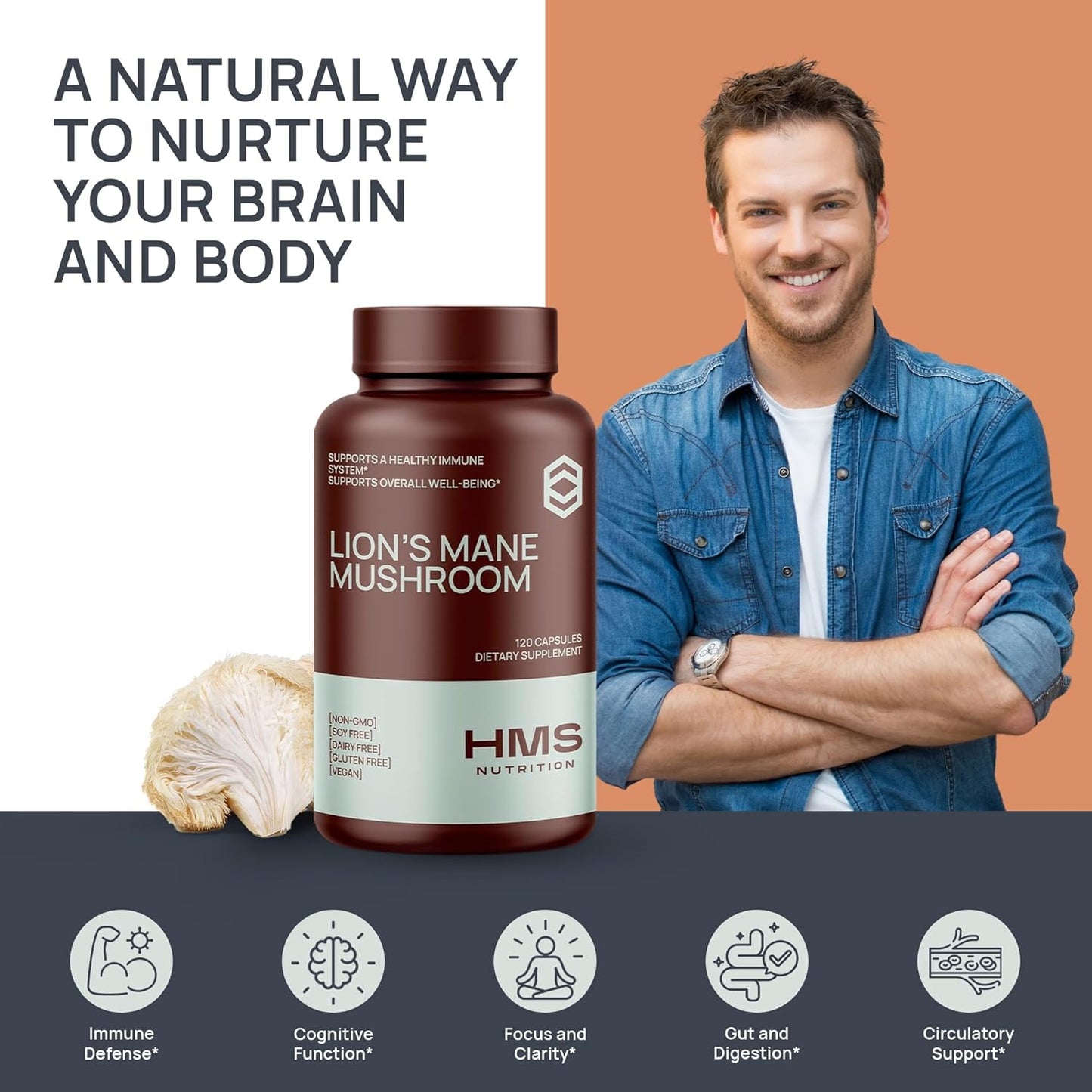 HMS Nutrition Lion's Mane Mushroom 1000mg Capsules - Vegan Non-GMO Supplement (120 Count)