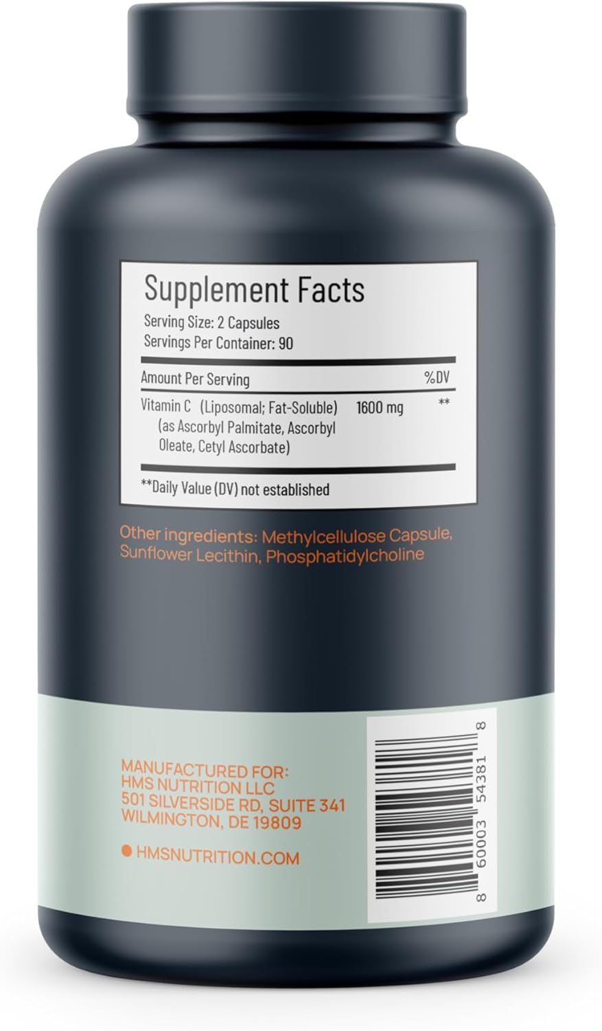 HMS Nutrition Premium Liposomal Vitamin C 1600mg - Non-GMO, Fat Soluble - 180 Capsules, Soy & Dairy Free