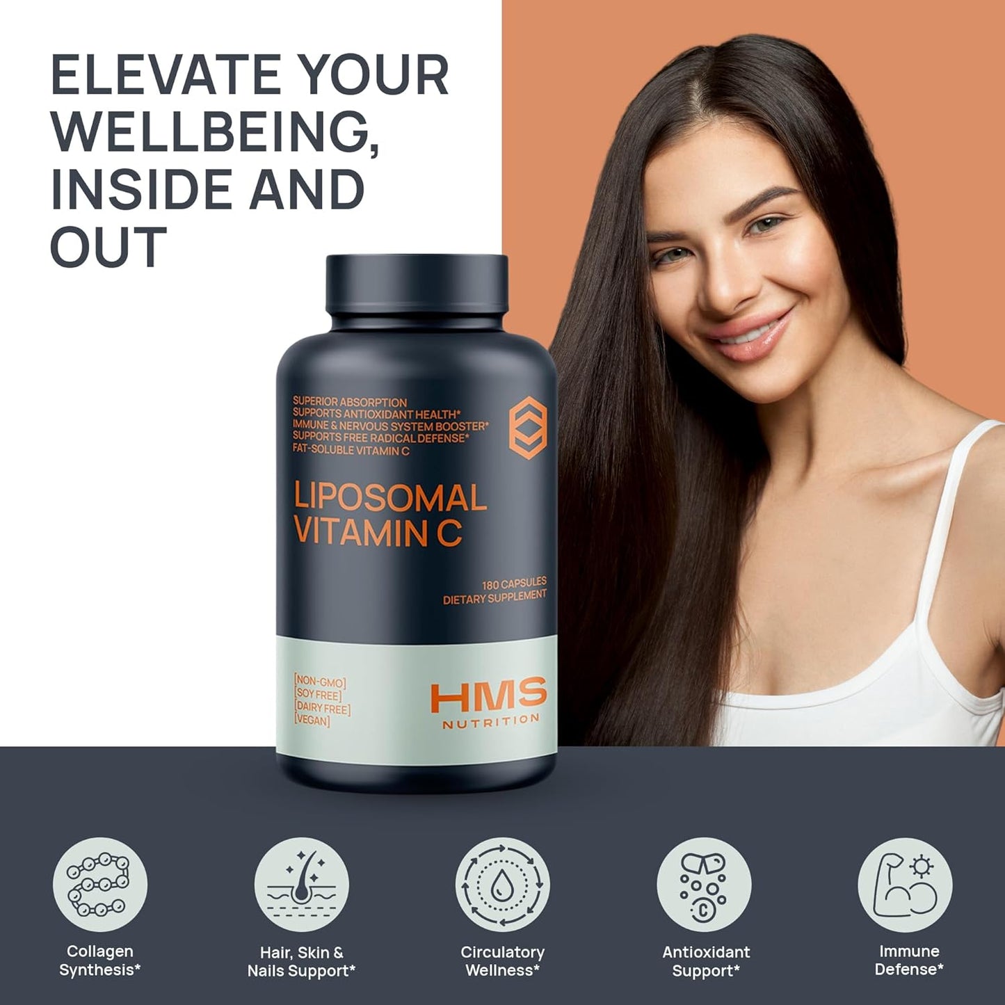 HMS Nutrition Premium Liposomal Vitamin C 1600mg - Non-GMO, Fat Soluble - 180 Capsules, Soy & Dairy Free