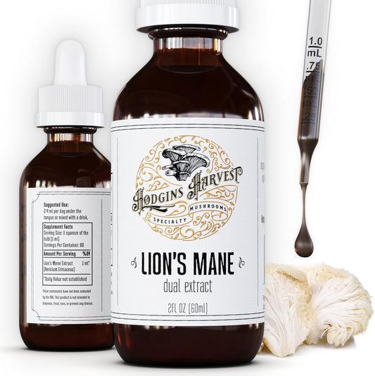 Hodgins Harvest Lion's Mane Tincture | Organic Dual Extract from USA Farm-Grown Mushrooms | Extra-Concentrated 2 fl oz Bottle