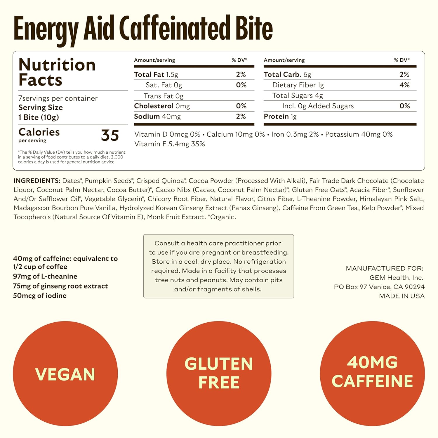 Holistic Energy Boost Bites | Supports Metabolism & Endurance | 40mg Caffeine, Ginseng, L-Theanine | Chocolate Sea Salt Flavor | 7 Servings