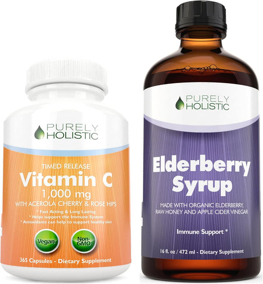 Holistic Vitamin C 1000mg & Elderberry Syrup Bundle - 365 Vegan Capsules + 16 fl oz - Rosehip, Acerola Cherry, Propolis Echinacea - USA Made