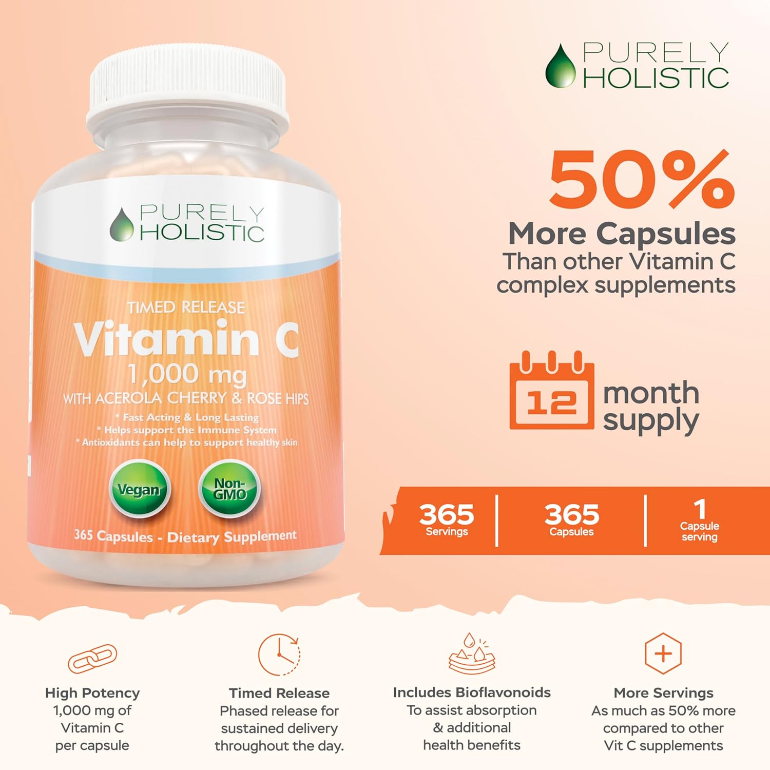 Holistic Vitamin C 1000mg & Elderberry Syrup Bundle - 365 Vegan Capsules + 16 fl oz - Rosehip, Acerola Cherry, Propolis Echinacea - USA Made