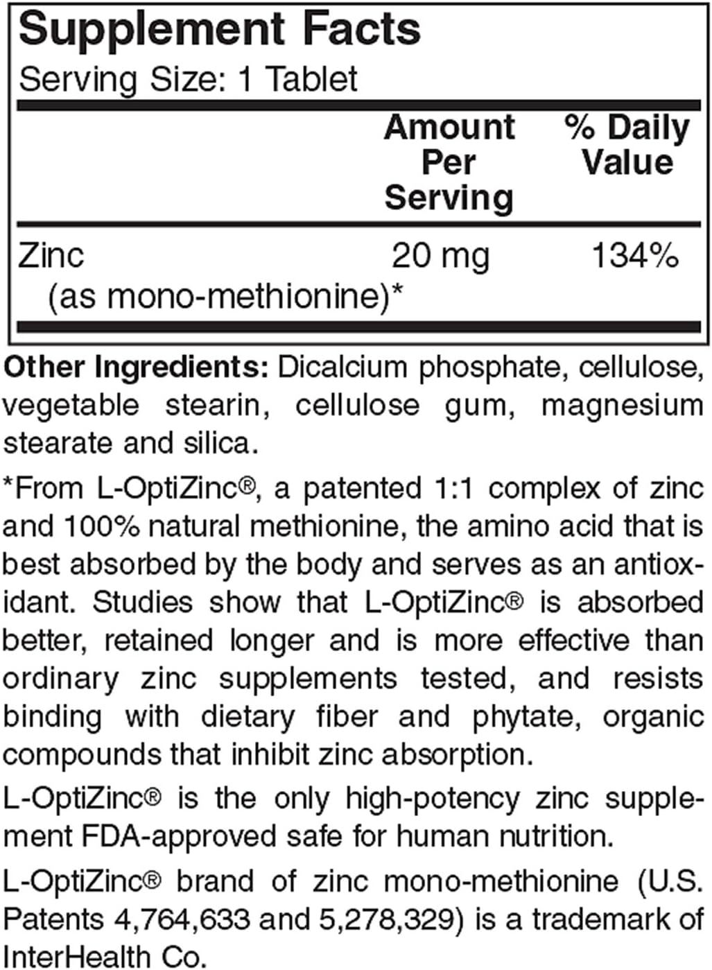 Holly Hill Health Foods Zinc Tablets 20 MG - 250 Count Bottle