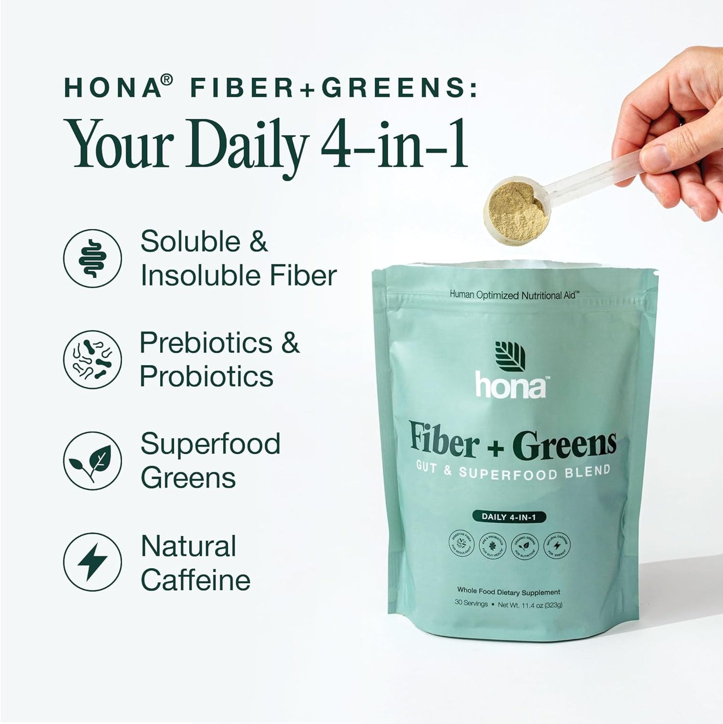 Hona Fiber + Greens Gut Support Superfood Powder, Organic Blend with Prebiotics, Probiotics, Fiber & Natural Caffeine, Gluten Free, Sugar Free, Dairy Free, Vegan, Non GMO - 30 Servings