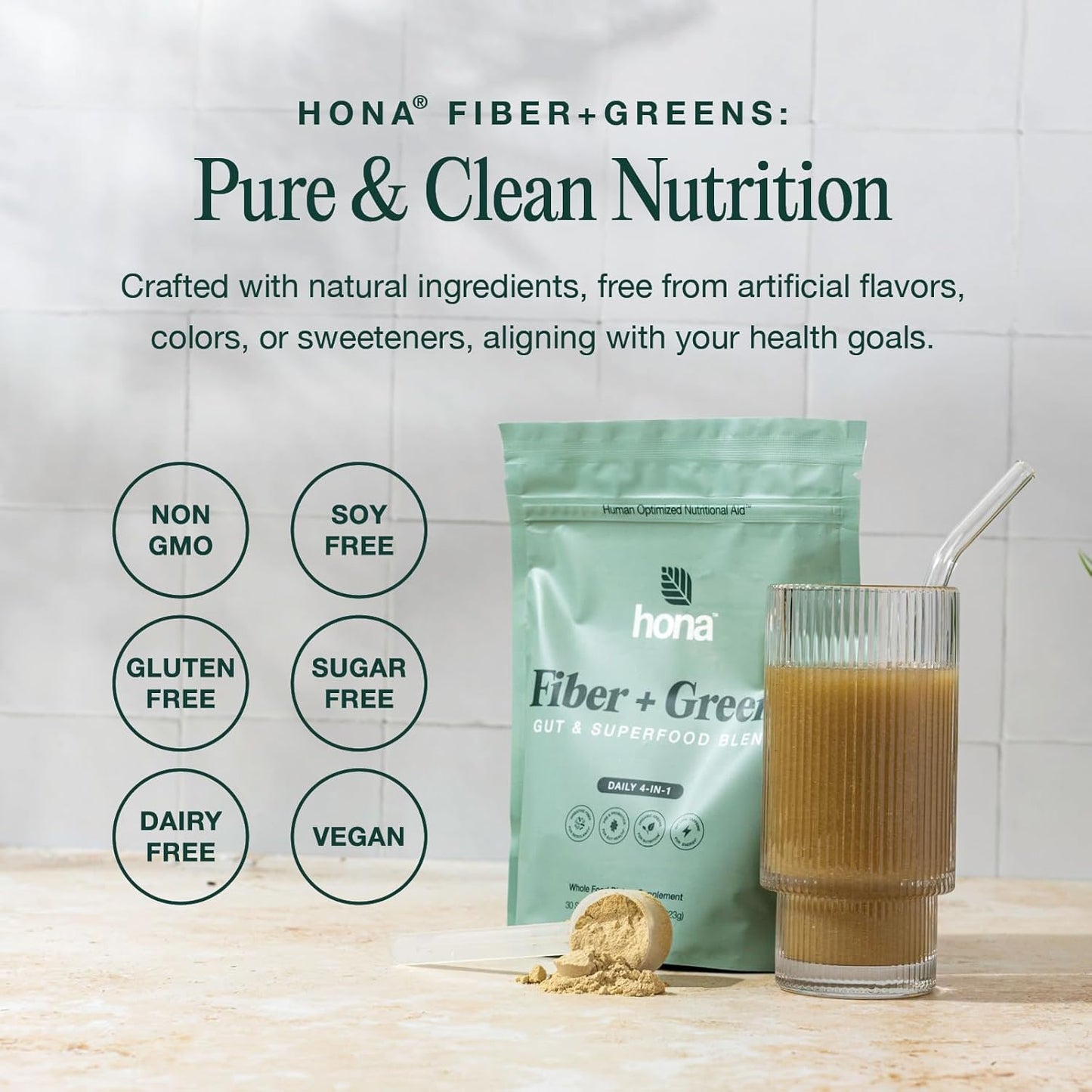 Hona Fiber + Greens Gut Support Superfood Powder, Organic Blend with Prebiotics, Probiotics, Fiber & Natural Caffeine, Gluten Free, Sugar Free, Dairy Free, Vegan, Non GMO - 30 Servings