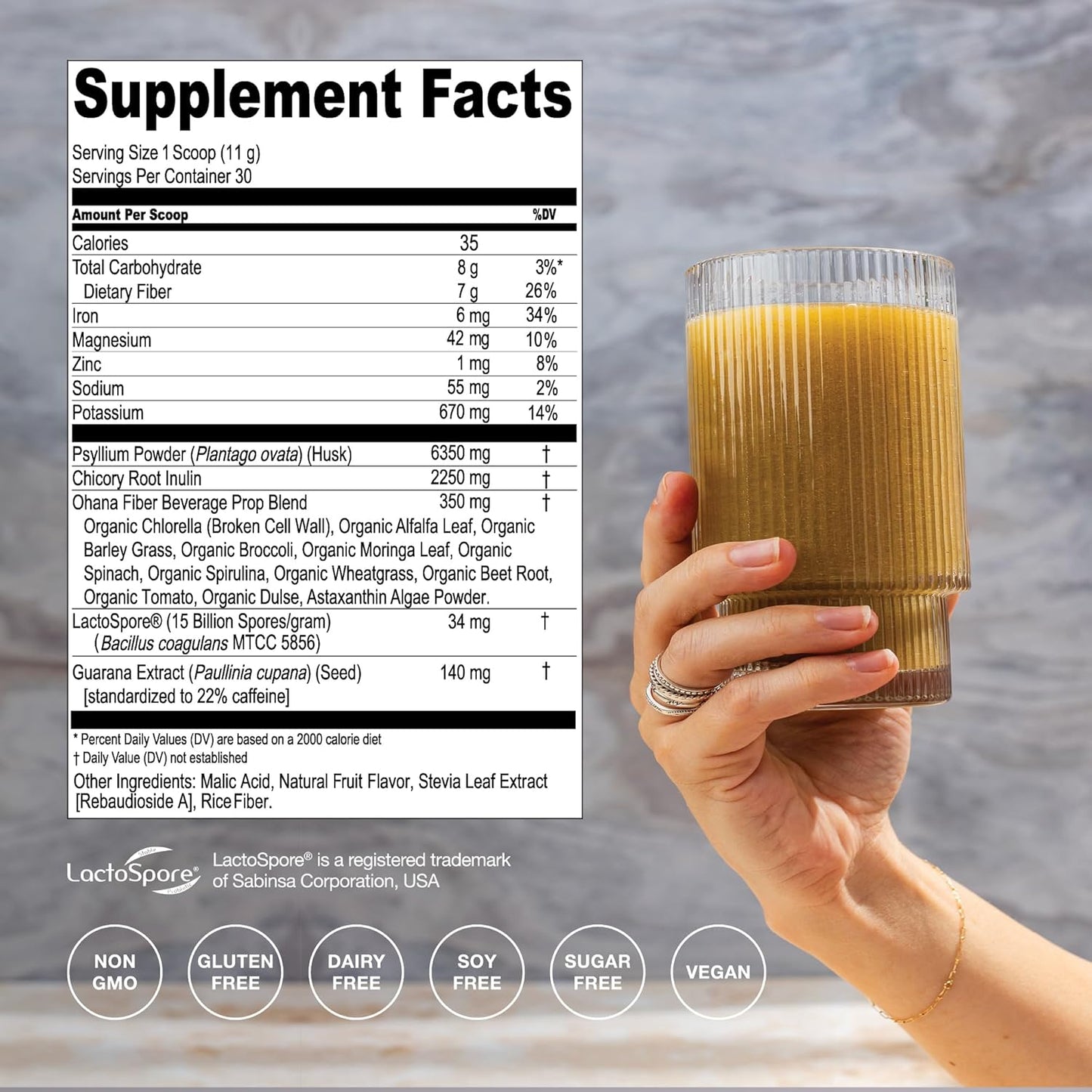 Hona Fiber + Greens Gut Support Superfood Powder, Organic Blend with Prebiotics, Probiotics, Fiber & Natural Caffeine, Gluten Free, Sugar Free, Dairy Free, Vegan, Non GMO - 30 Servings