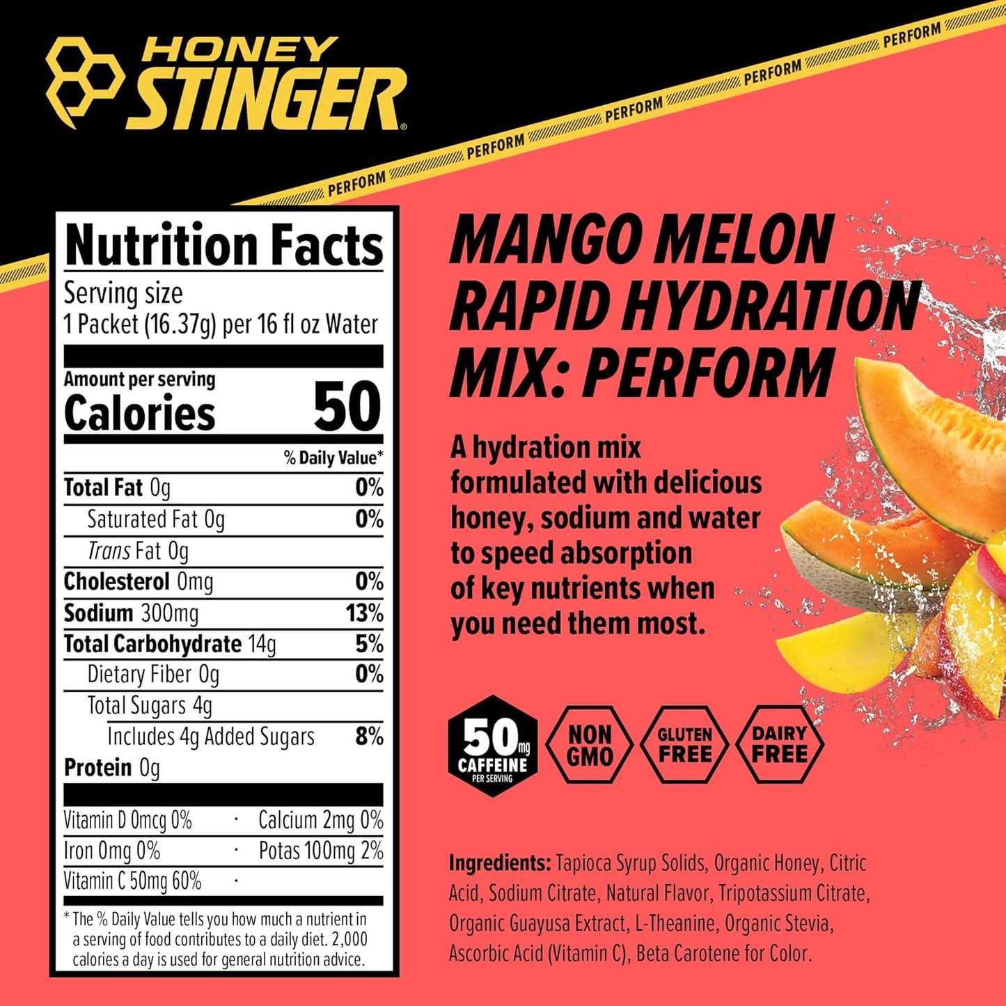 Honey Stinger Mango Melon Rapid Hydration Powder - Electrolyte Multiplier for Exercise, Endurance, and Performance - Sports Nutrition for Home & Gym - Pre and Post Workout - 10 Packets