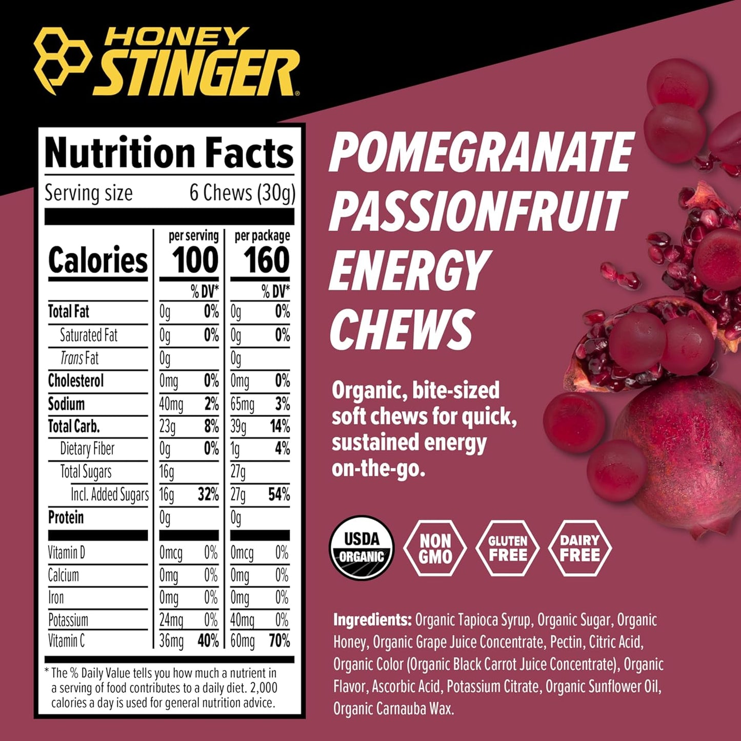 Honey Stinger Organic Pomegranate Passionfruit Energy Chews - Gluten & Caffeine Free for Exercise & Running - 12 Pack