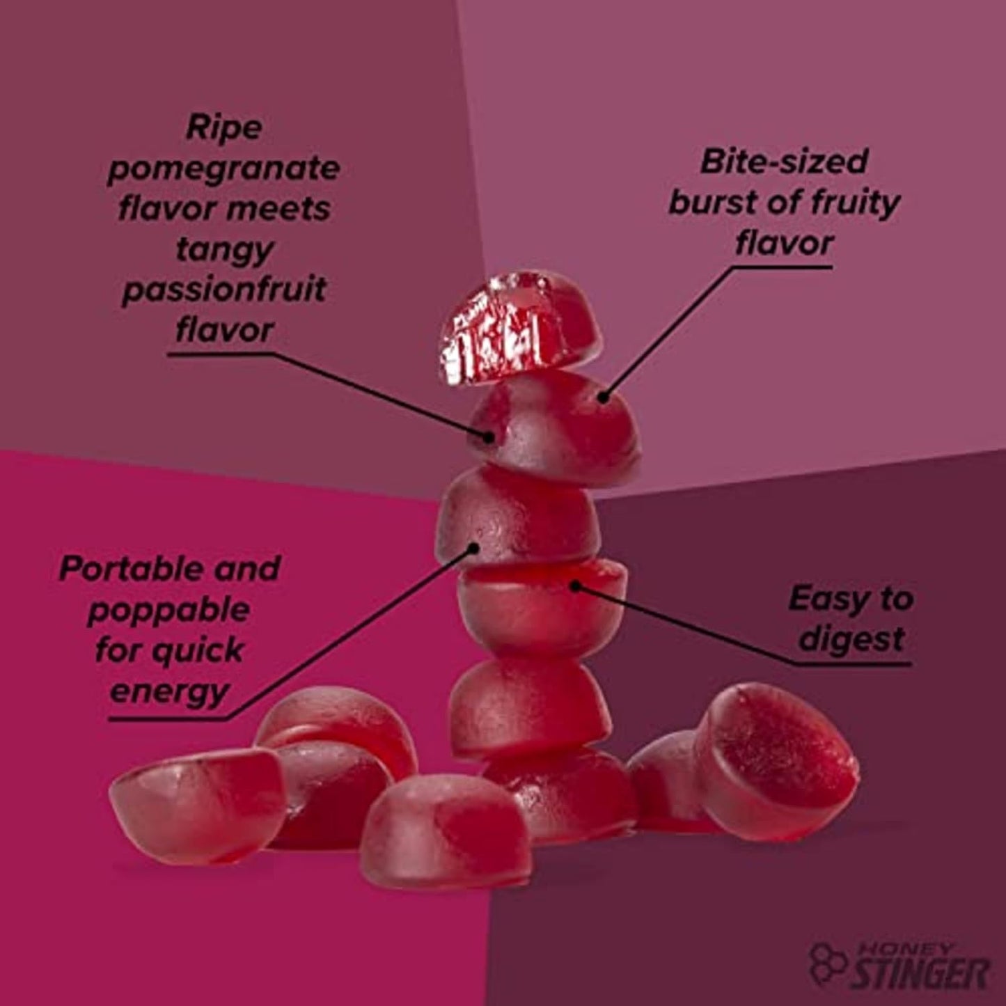 Honey Stinger Organic Pomegranate Passionfruit Energy Chews - Gluten & Caffeine Free for Exercise & Running - 12 Pack