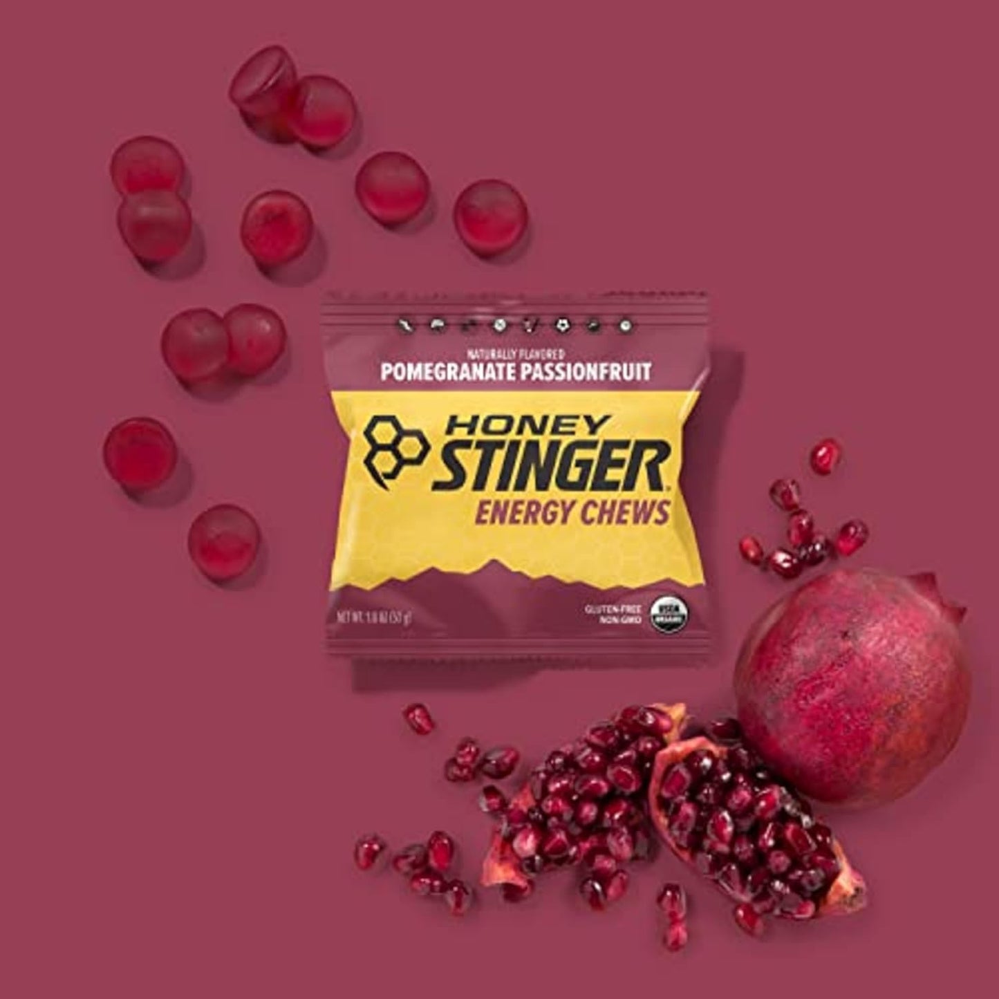 Honey Stinger Organic Pomegranate Passionfruit Energy Chews - Gluten & Caffeine Free for Exercise & Running - 12 Pack