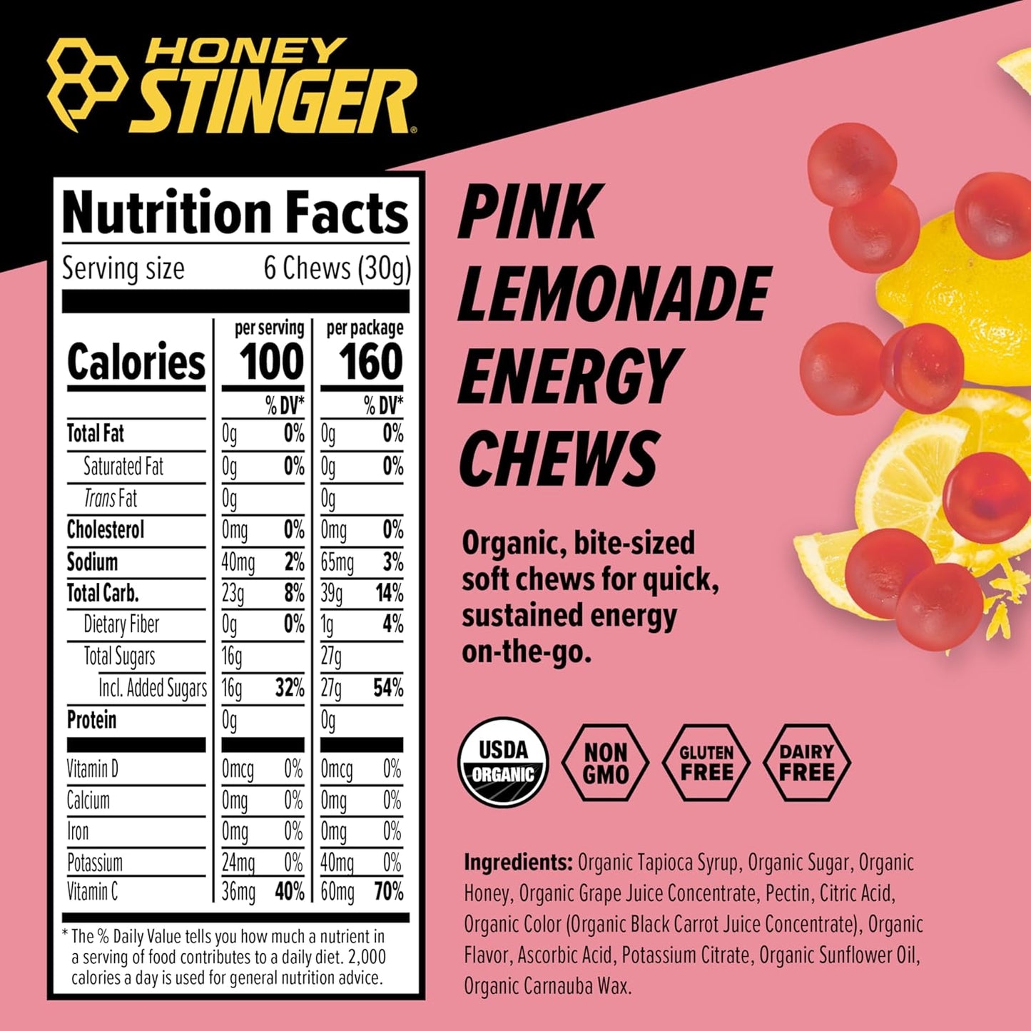 Honey Stinger Pink Lemonade Energy Chews - Organic, Gluten-Free, Caffeine-Free - Sports Nutrition for Exercise, Running, Performance - 12 Pack, 21.6 oz.