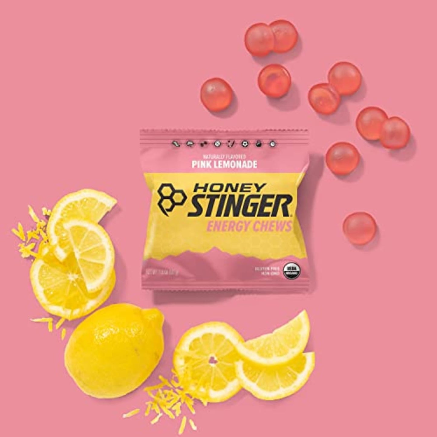 Honey Stinger Pink Lemonade Energy Chews - Organic, Gluten-Free, Caffeine-Free - Sports Nutrition for Exercise, Running, Performance - 12 Pack, 21.6 oz.