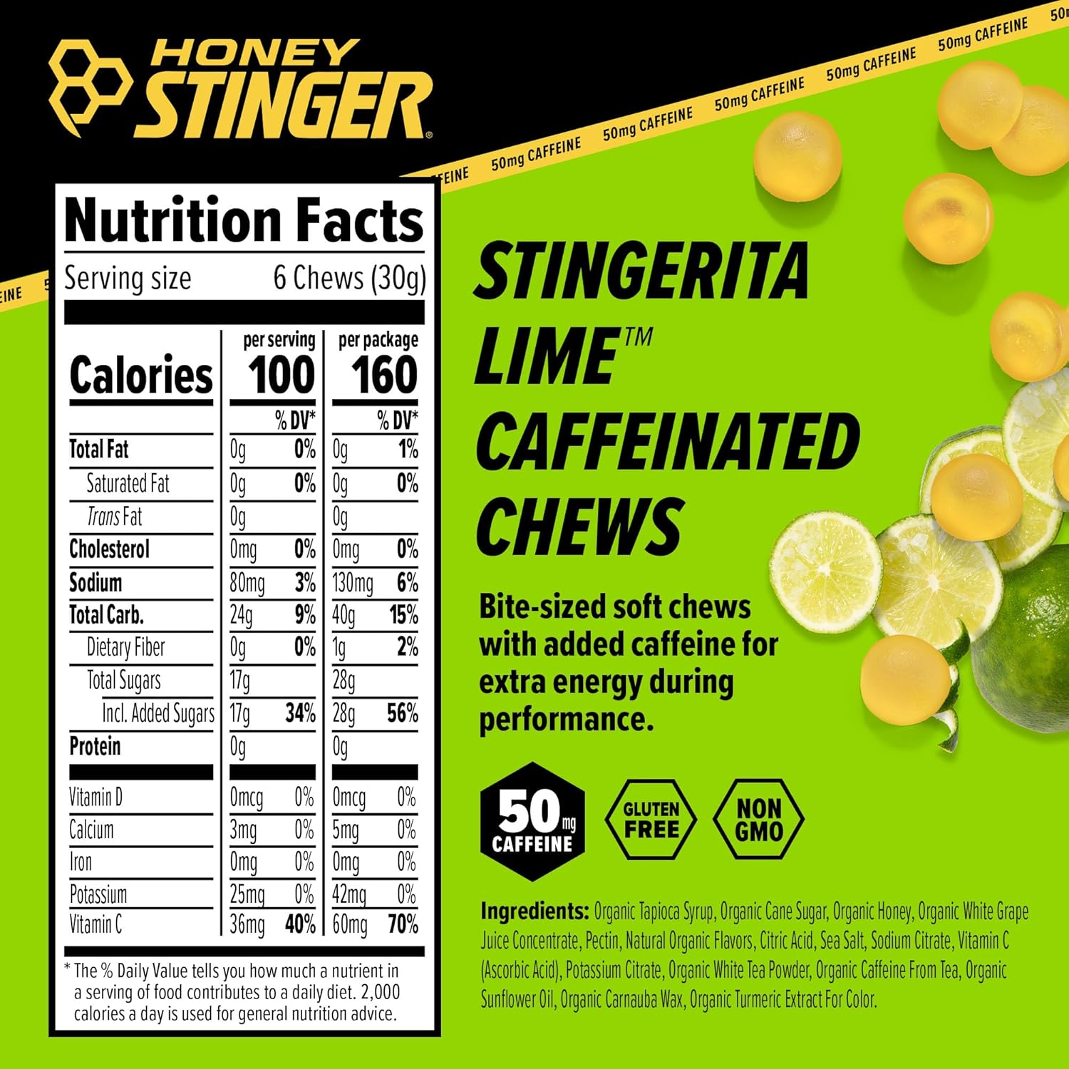 Honey Stinger Stingerita Lime Energy Chews - Gluten Free, Caffeinated for Exercise & Performance - 12 Pack, 21 Ounce