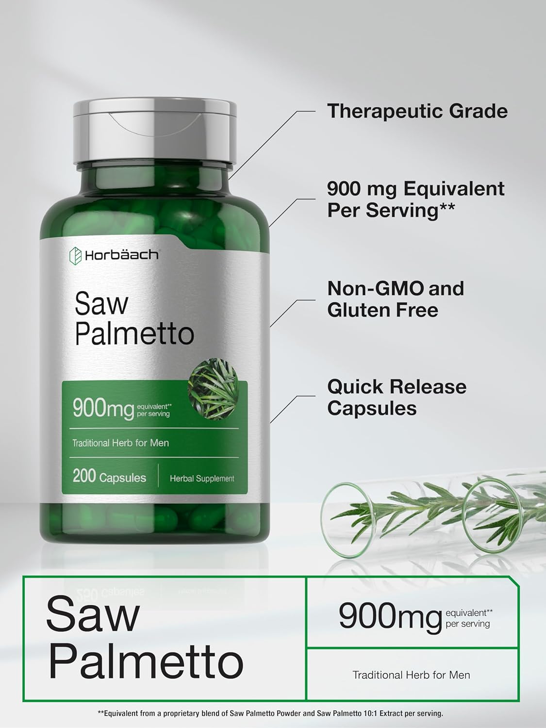 Horbäach 900mg Saw Palmetto Extract Capsules - Non-GMO & Gluten Free Herb Supplement from Saw Palmetto Berries