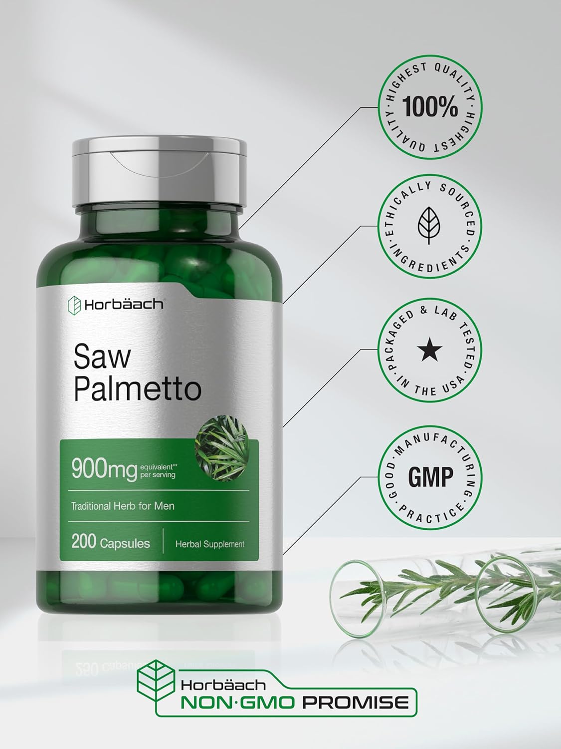 Horbäach 900mg Saw Palmetto Extract Capsules - Non-GMO & Gluten Free Herb Supplement from Saw Palmetto Berries