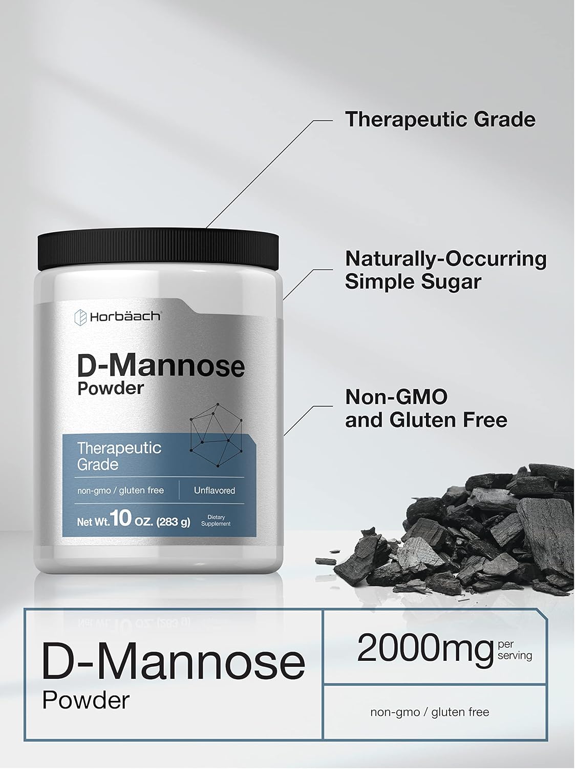 Horbäach D-Mannose Powder Supplement 10 Oz - Unflavored for Women and Men - Vegetarian, Non-GMO, Gluten Free