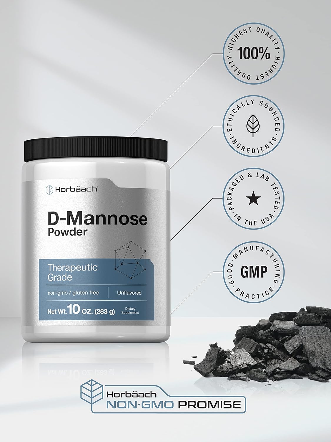 Horbäach D-Mannose Powder Supplement 10 Oz - Unflavored for Women and Men - Vegetarian, Non-GMO, Gluten Free