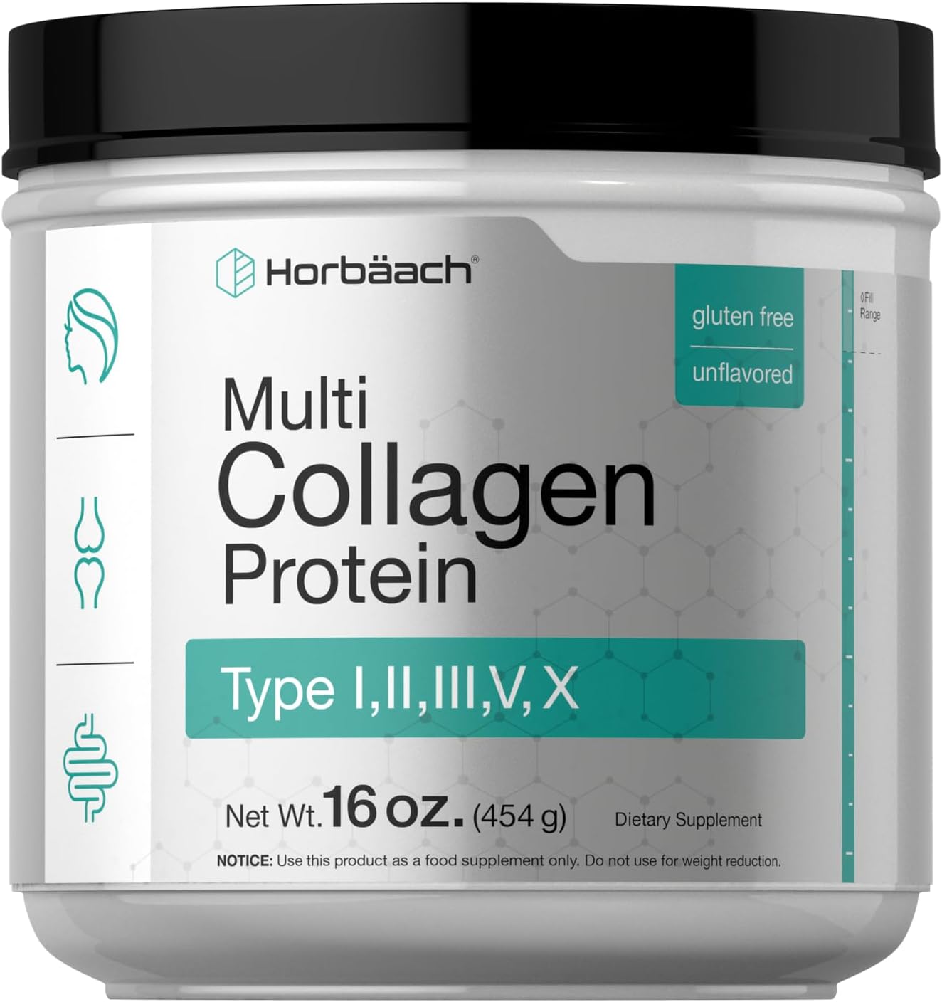 Horbäach Multi Collagen Protein Powder 16 oz - Type I, II, III, V, X - Hydrolyzed Peptide - Keto & Paleo - Unflavored & Gluten-Free