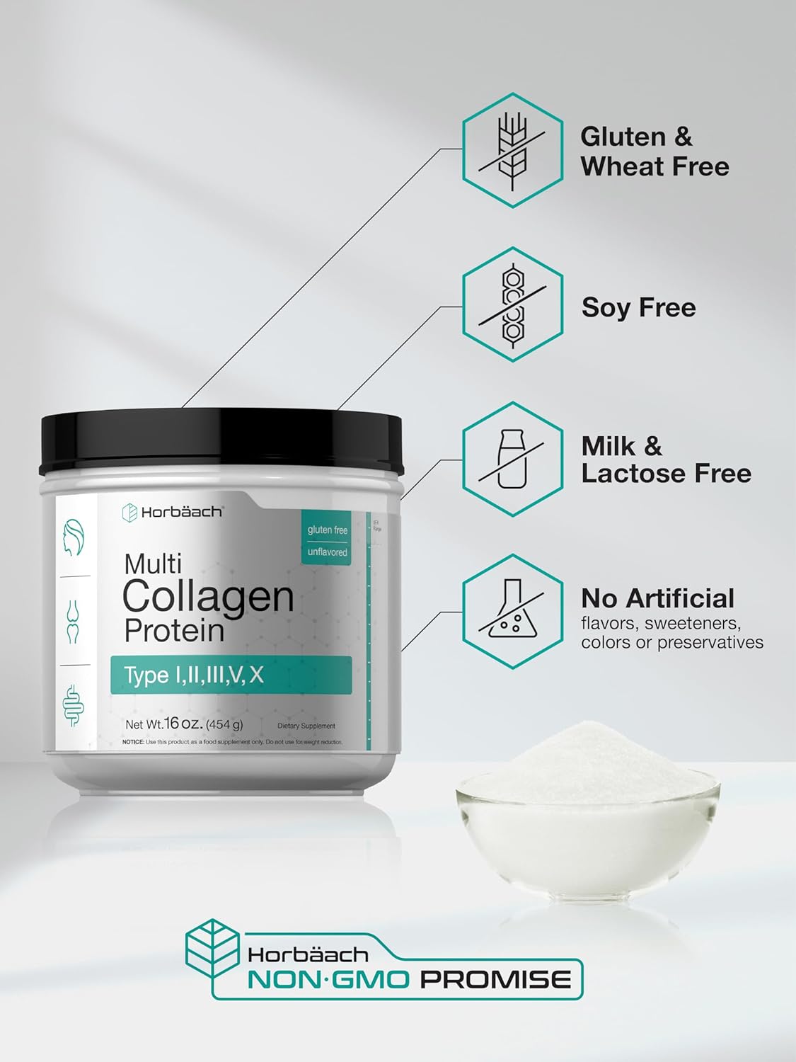 Horbäach Multi Collagen Protein Powder 16 oz - Type I, II, III, V, X - Hydrolyzed Peptide - Keto & Paleo - Unflavored & Gluten-Free