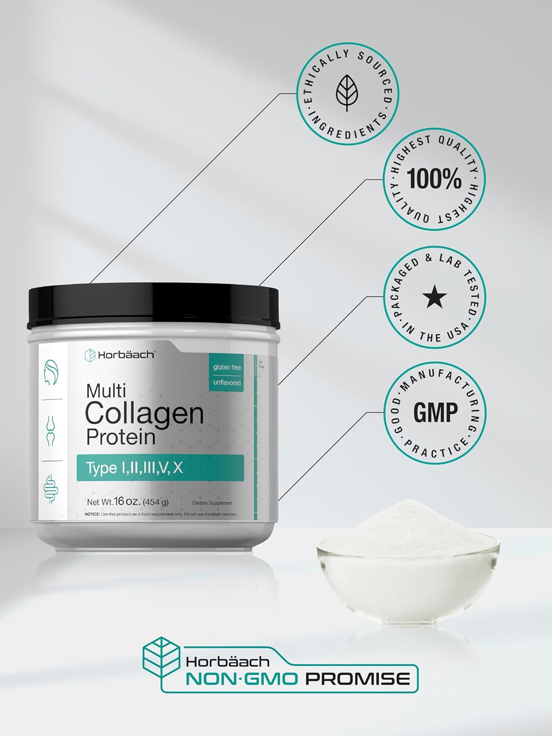 Horbäach Multi Collagen Protein Powder 16 oz - Type I, II, III, V, X - Hydrolyzed Peptide - Keto & Paleo - Unflavored & Gluten-Free