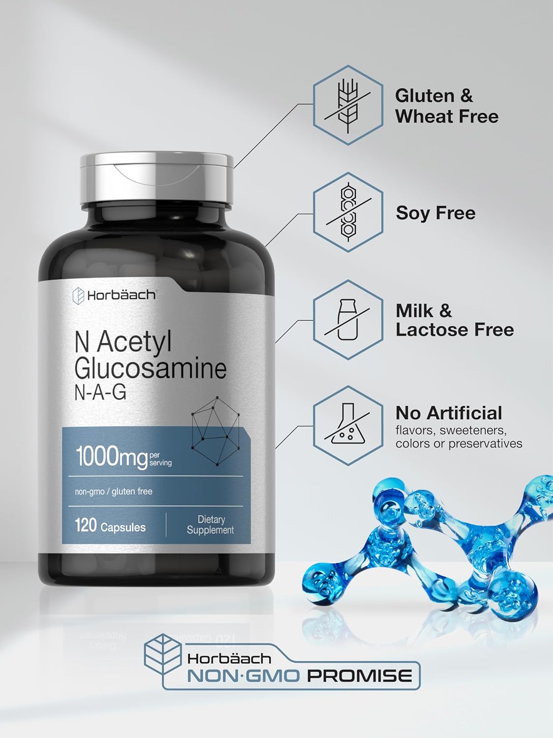 Horbäach N-Acetyl Glucosamine 1000mg Capsules - 120 Count, Non-GMO & Gluten Free Supplement