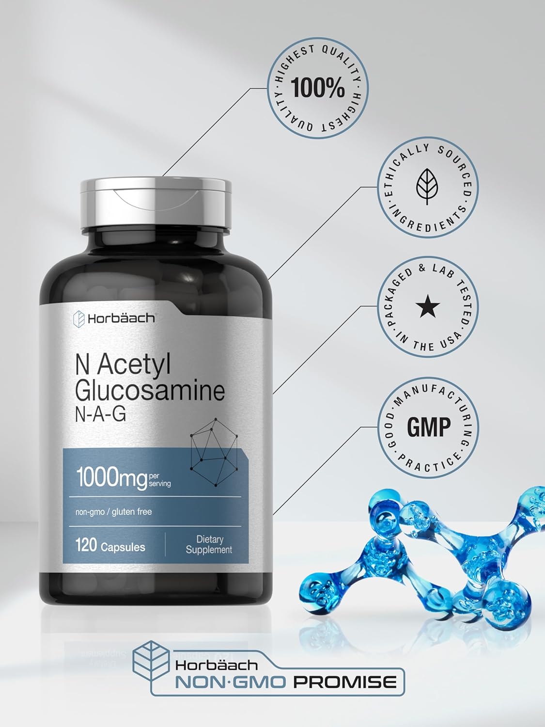 Horbäach N-Acetyl Glucosamine 1000mg Capsules - 120 Count, Non-GMO & Gluten Free Supplement