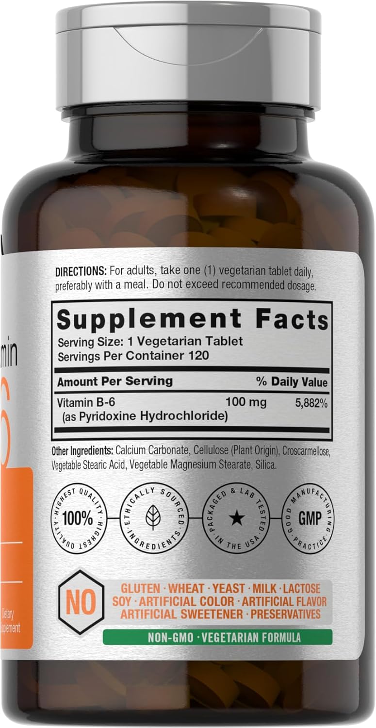 Horbäach Vitamin B-6 100mg: 120 Vegetarian Tablets with Pyridoxine HCl, Non-GMO & Gluten Free