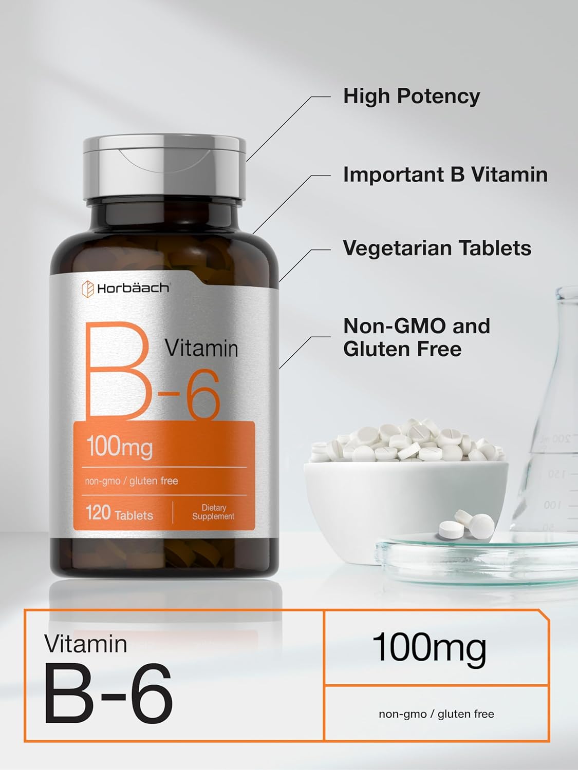 Horbäach Vitamin B-6 100mg: 120 Vegetarian Tablets with Pyridoxine HCl, Non-GMO & Gluten Free