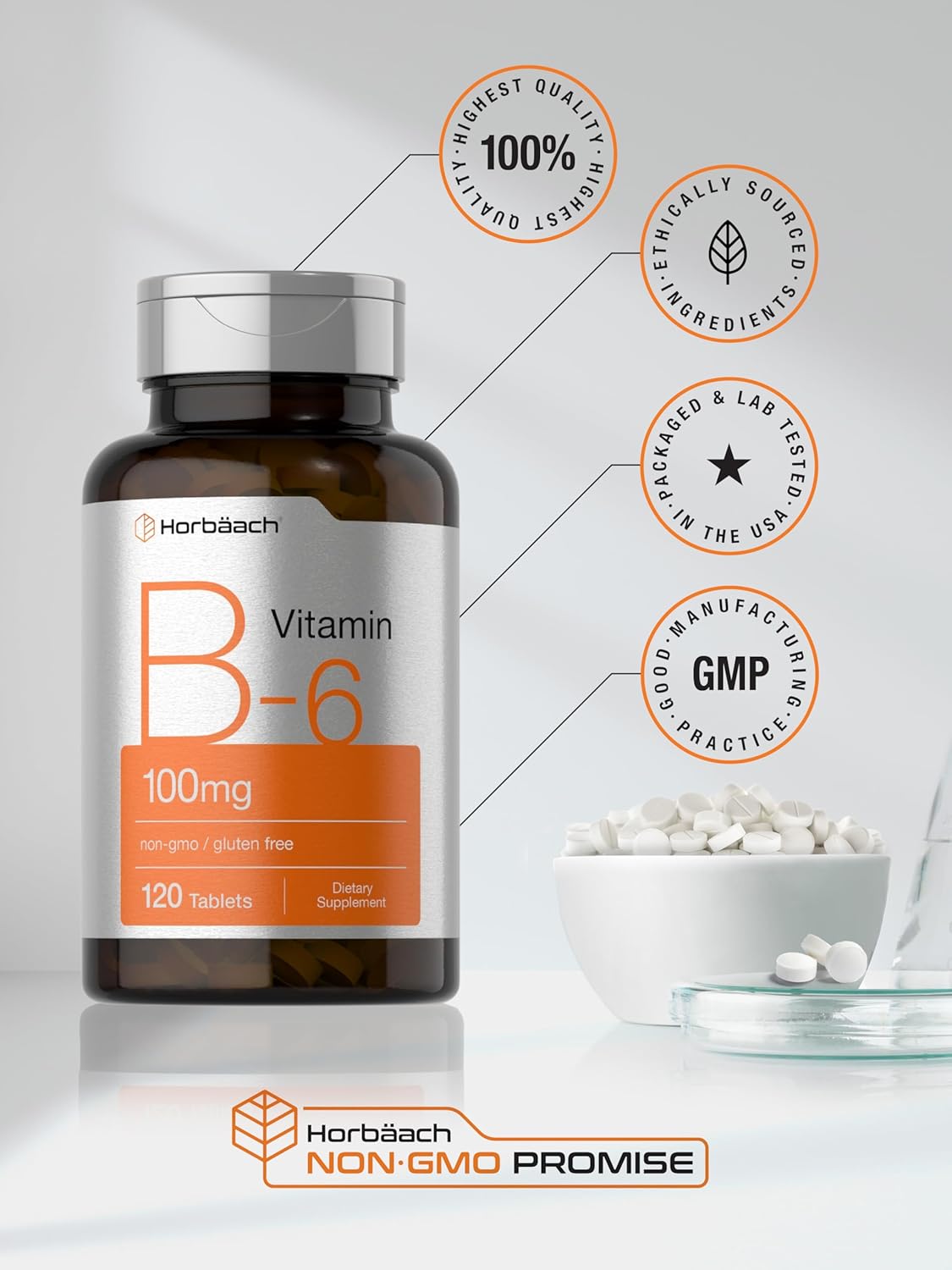 Horbäach Vitamin B-6 100mg: 120 Vegetarian Tablets with Pyridoxine HCl, Non-GMO & Gluten Free