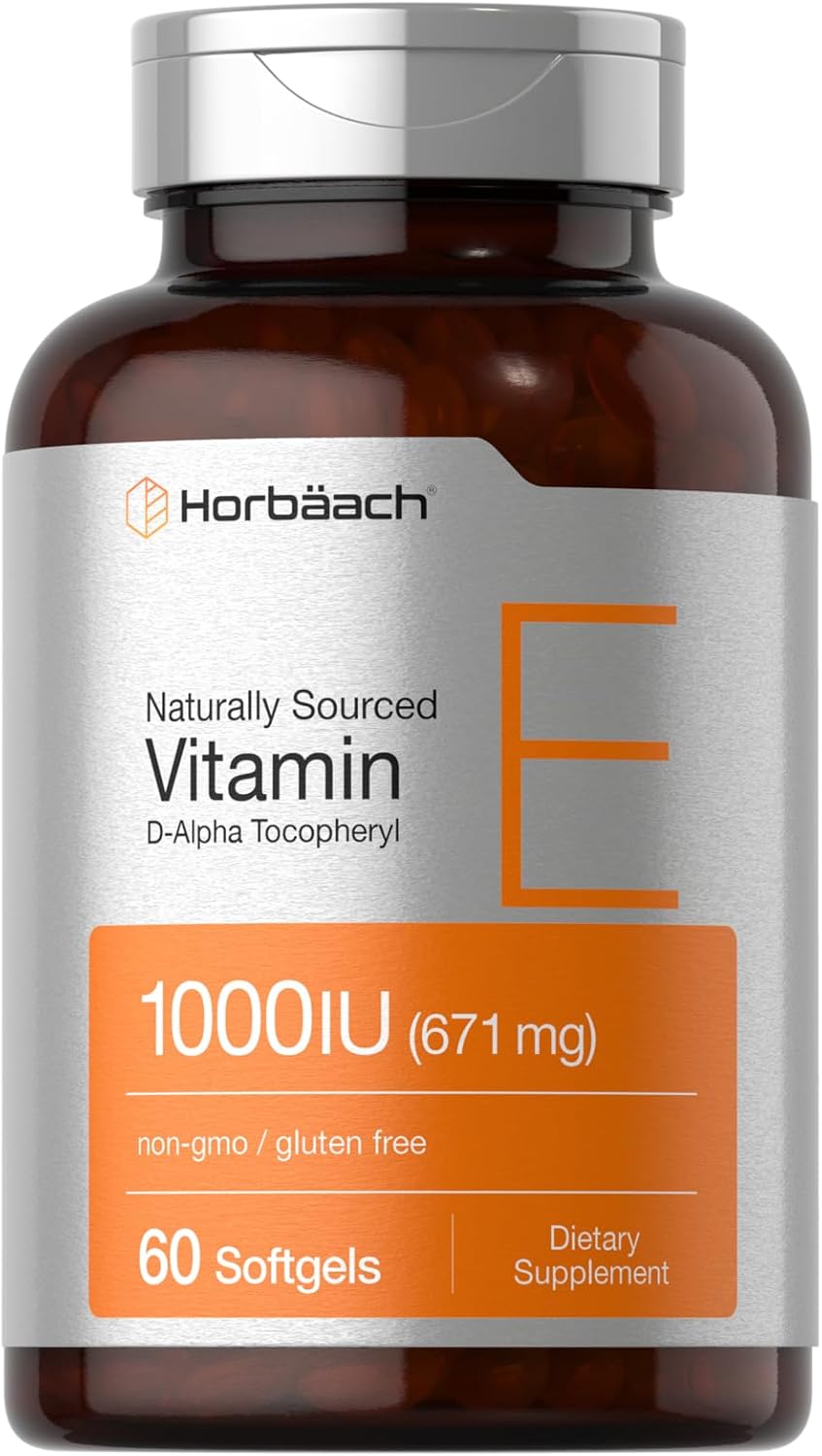 Horbäach Vitamin E Softgels 1000 iu | 671mg | 60 Count | Non-GMO & Gluten-Free D-Alpha Tocopherol Formula