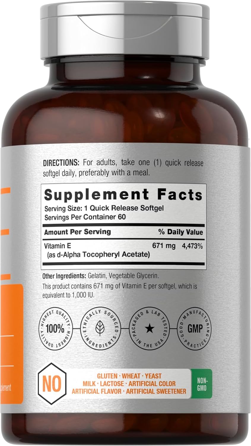 Horbäach Vitamin E Softgels 1000 iu | 671mg | 60 Count | Non-GMO & Gluten-Free D-Alpha Tocopherol Formula