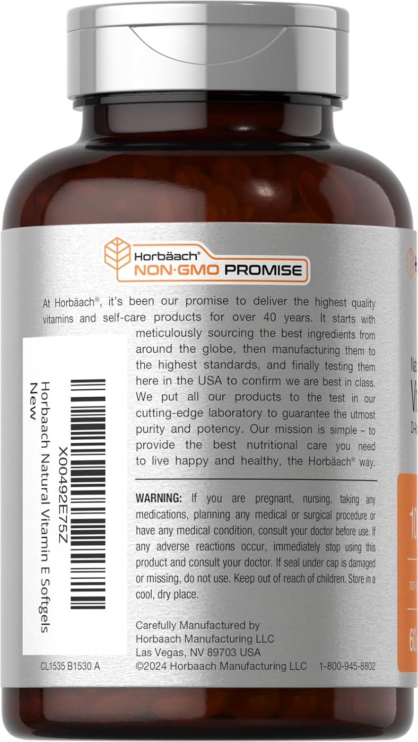 Horbäach Vitamin E Softgels 1000 iu | 671mg | 60 Count | Non-GMO & Gluten-Free D-Alpha Tocopherol Formula