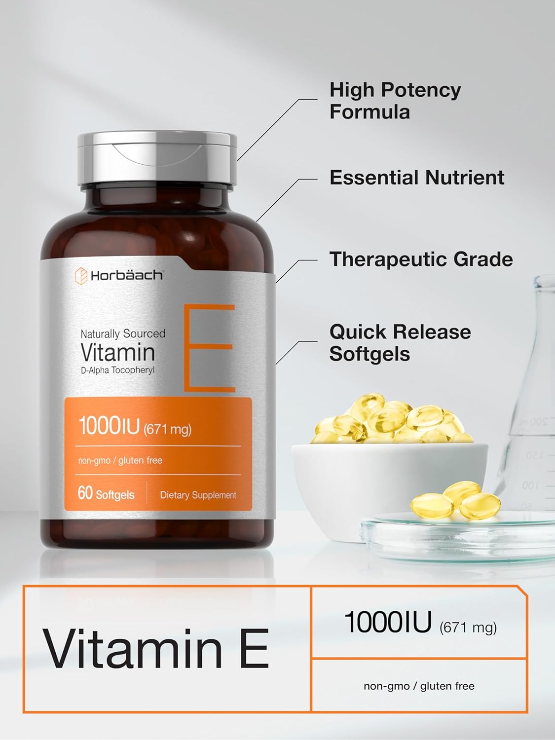 Horbäach Vitamin E Softgels 1000 iu | 671mg | 60 Count | Non-GMO & Gluten-Free D-Alpha Tocopherol Formula