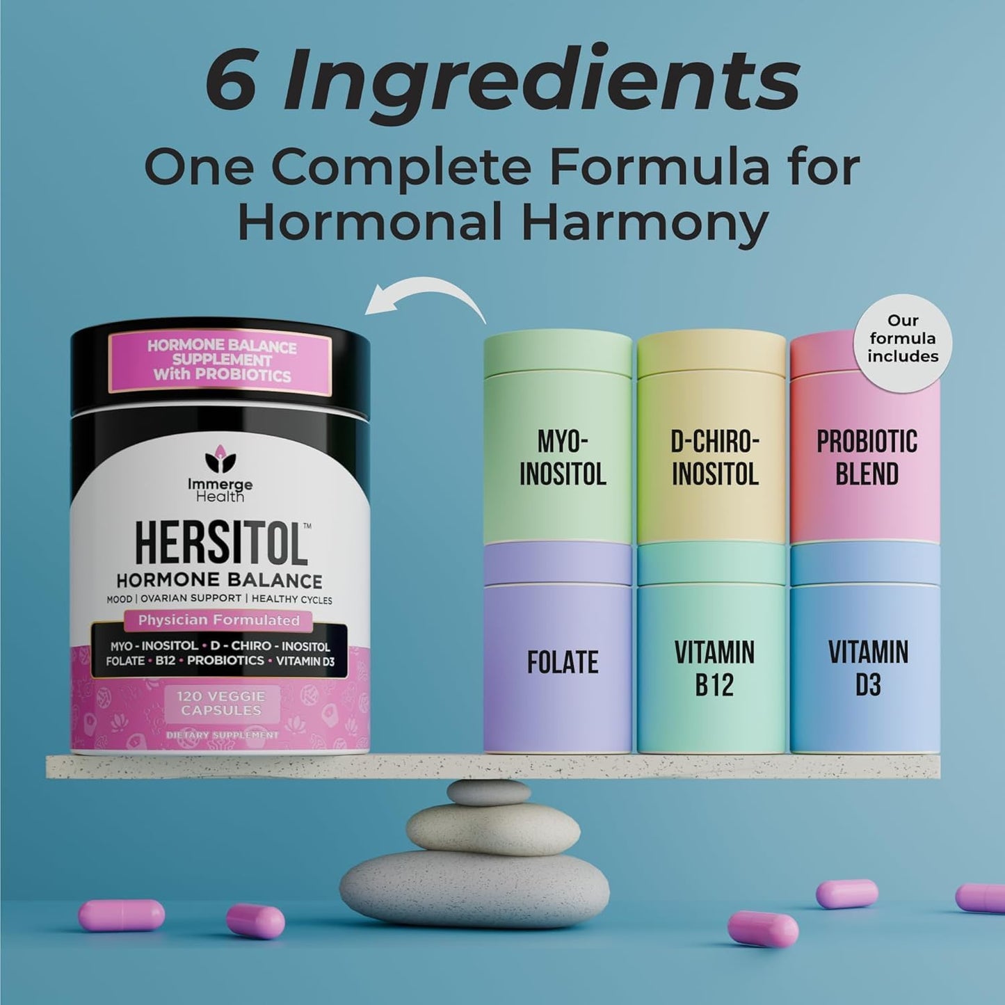 Hormone Balance for Women: Myo-Inositol & D-Chiro Inositol Supplement with Folic Acid, B12 & Probiotics - Female Vitamins for PCOS, Ovarian Support, Fertility, Menstrual Cycle - 30 Capsules