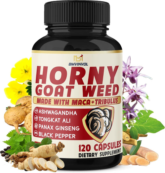 Horny Goat Weed with Maca, Tribulus, Ginseng, Ashwagandha, Tongkat Ali - 120 Capsules, 4 Month Supply for Men and Women