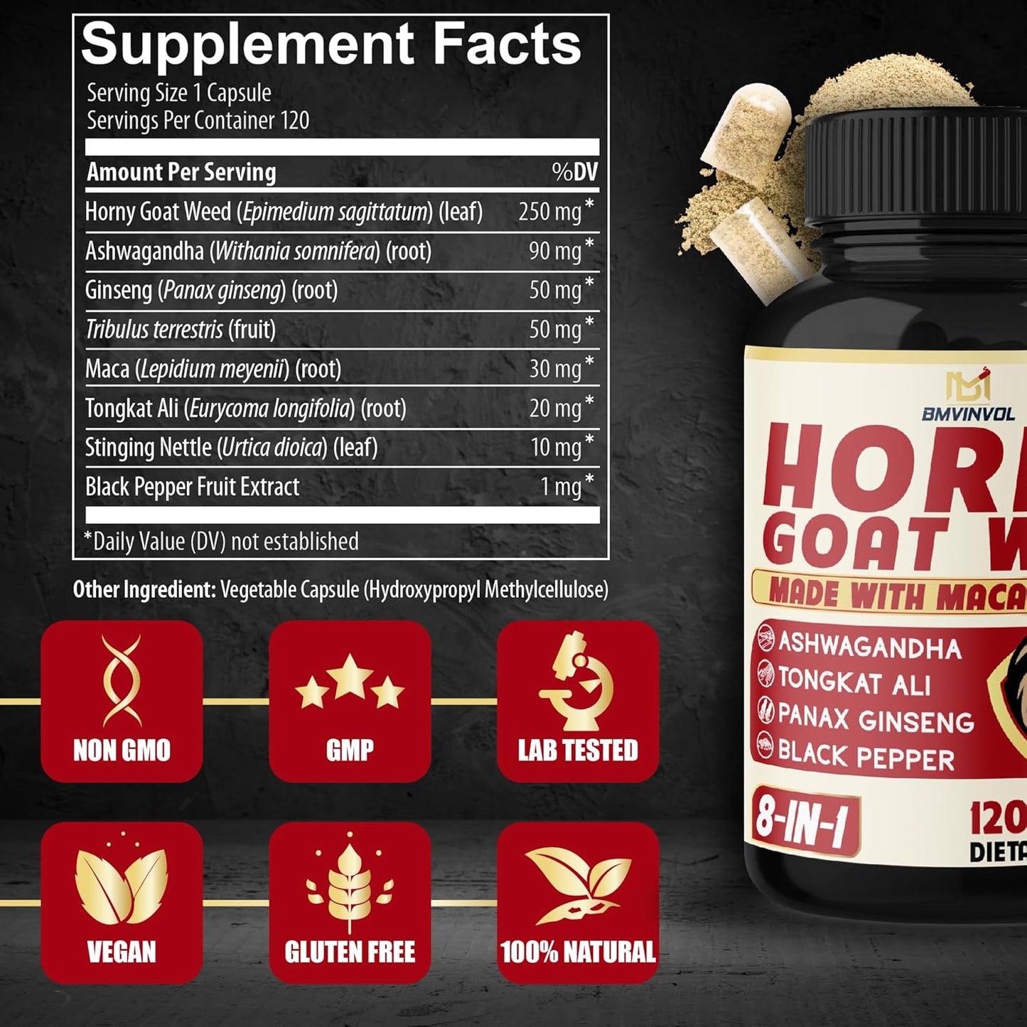 Horny Goat Weed with Maca, Tribulus, Ginseng, Ashwagandha, Tongkat Ali - 120 Capsules, 4 Month Supply for Men and Women