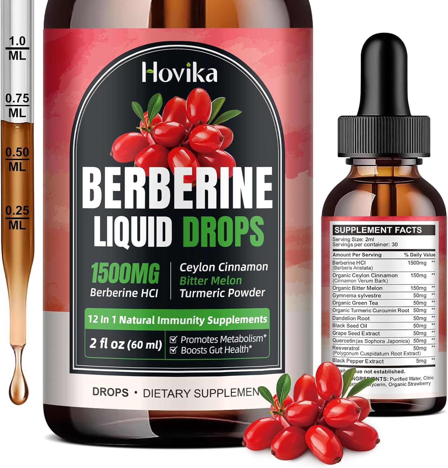 Hovika Berberine HCL Liquid Drops - 1500mg Highly Absorbable Strawberry Flavored Supplement for Immune, Digestion & Heart Health - 2 FL Oz
