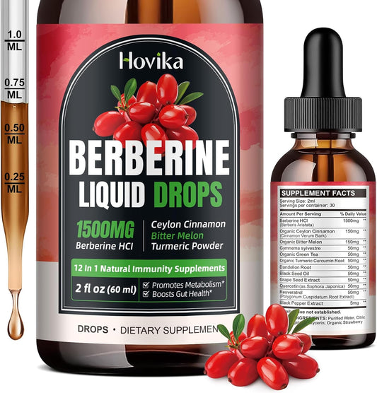 Hovika Berberine HCL Liquid Drops - 1500mg Highly Absorbable Strawberry Flavored Supplement for Immune, Digestion & Heart Health - 2 FL Oz