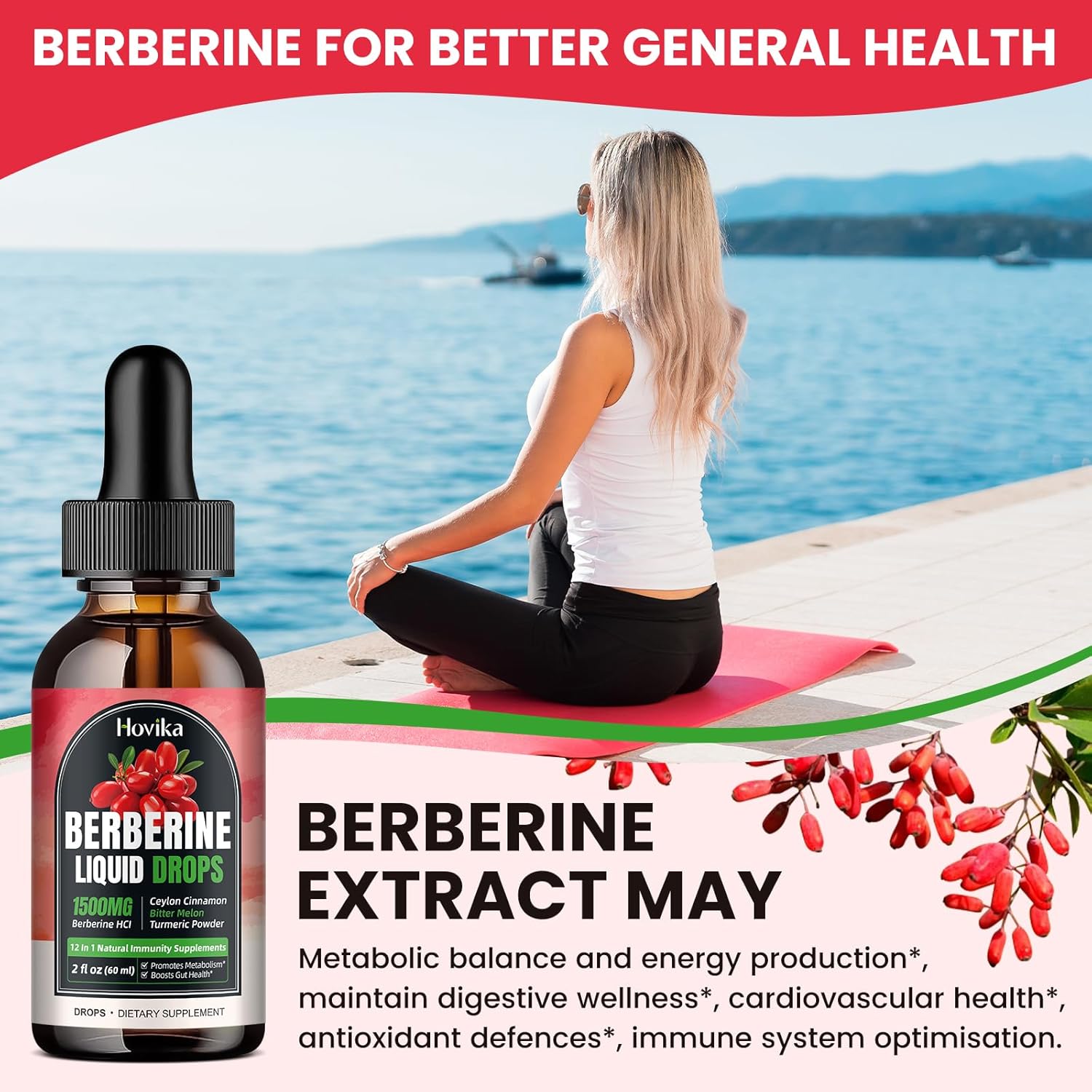 Hovika Berberine HCL Liquid Drops - 1500mg Highly Absorbable Strawberry Flavored Supplement for Immune, Digestion & Heart Health - 2 FL Oz