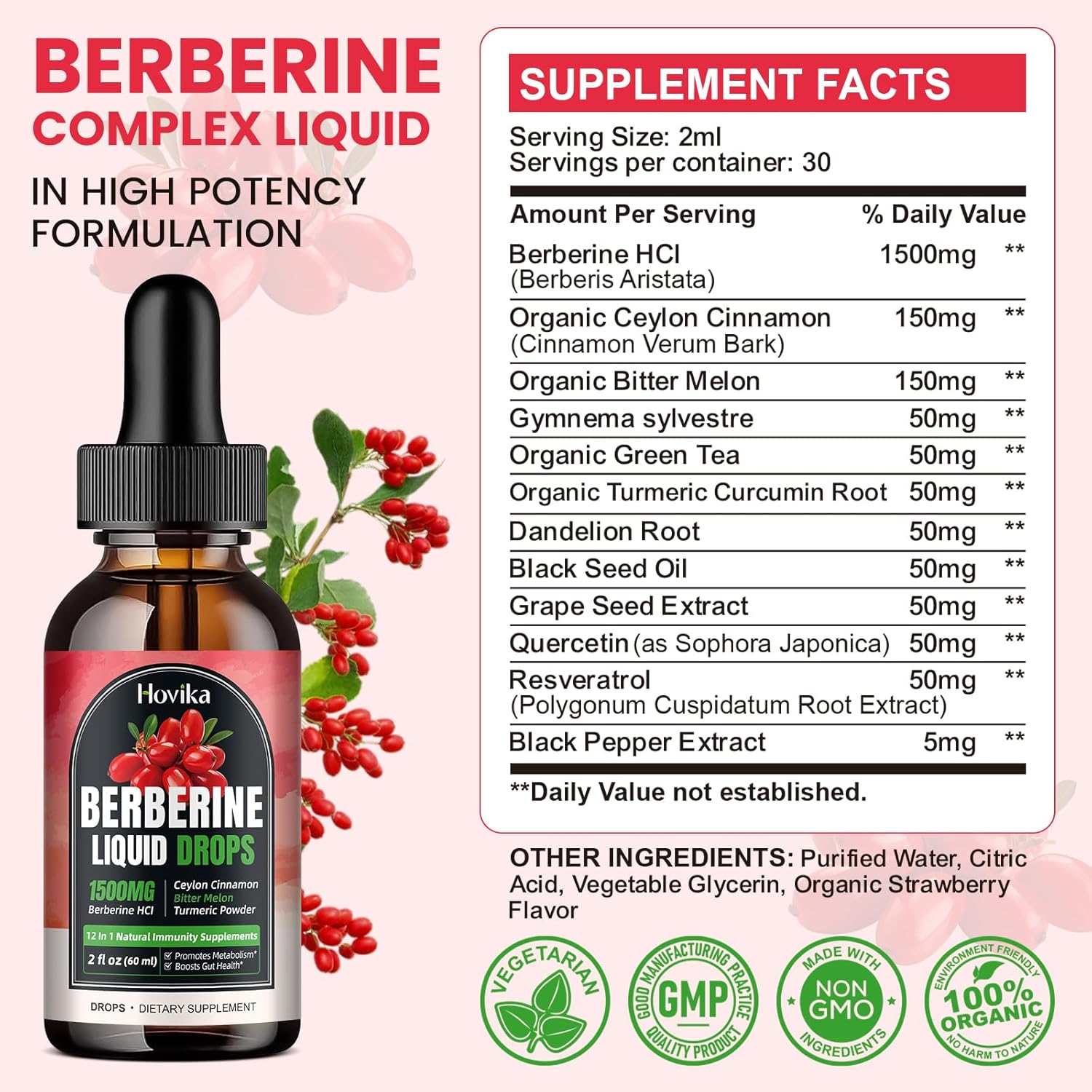 Hovika Berberine HCL Liquid Drops - 1500mg Highly Absorbable Strawberry Flavored Supplement for Immune, Digestion & Heart Health - 2 FL Oz