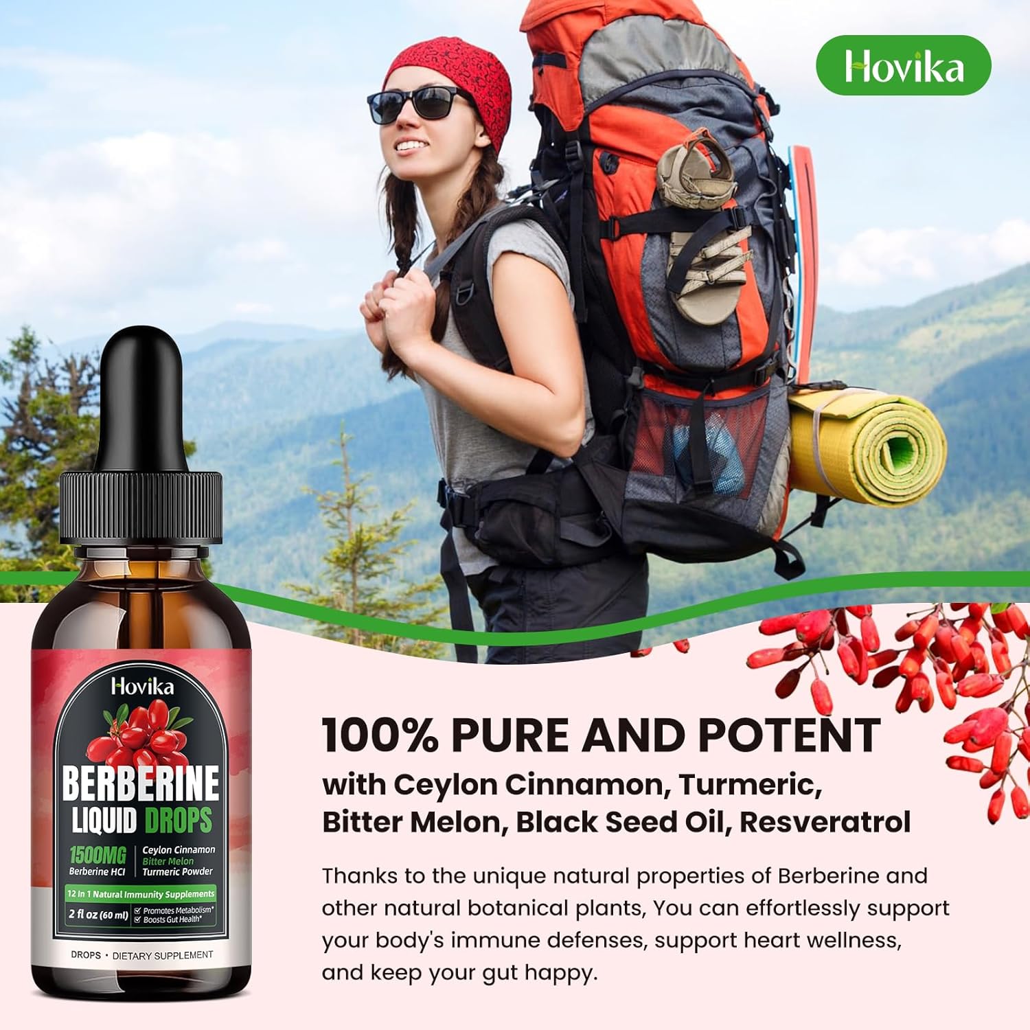 Hovika Berberine HCL Liquid Drops - 1500mg Highly Absorbable Strawberry Flavored Supplement for Immune, Digestion & Heart Health - 2 FL Oz
