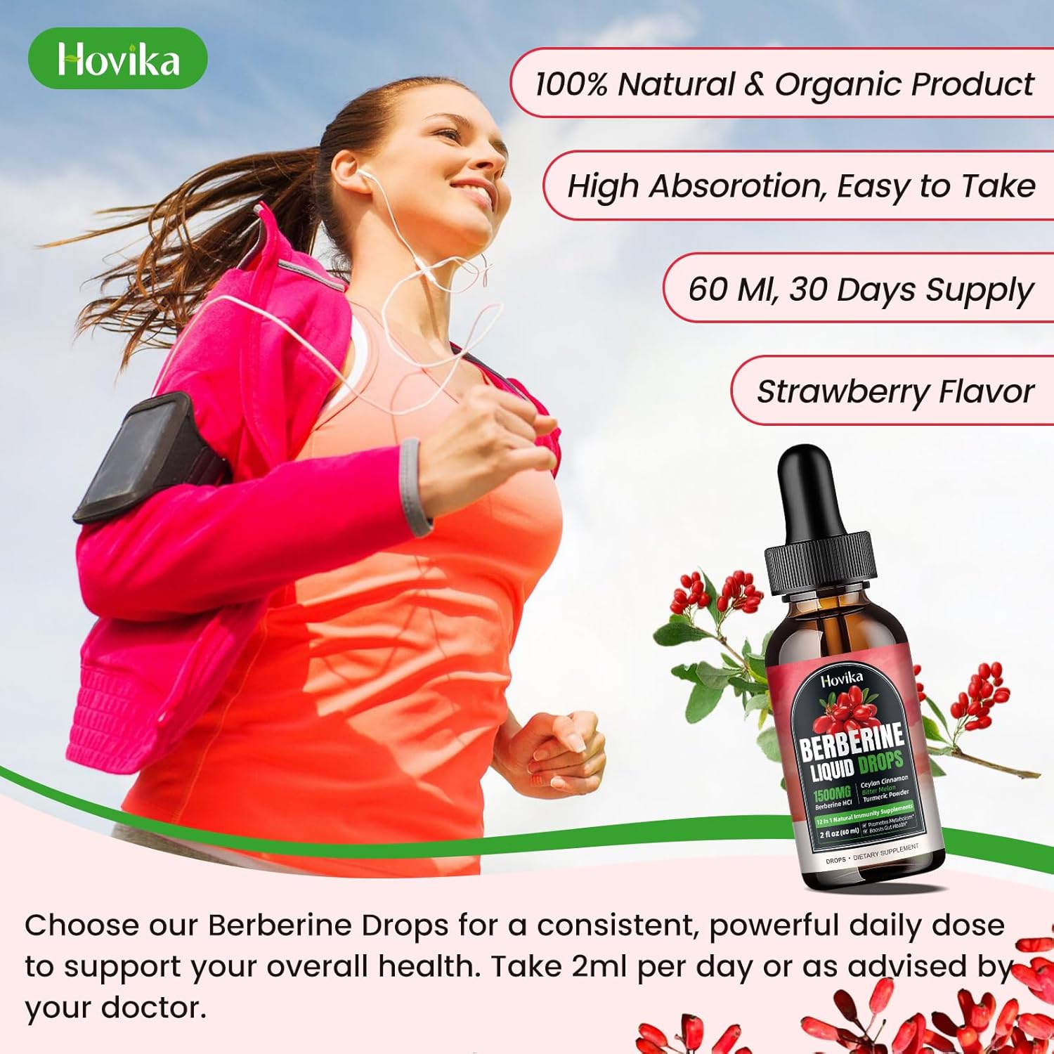 Hovika Berberine HCL Liquid Drops - 1500mg Highly Absorbable Strawberry Flavored Supplement for Immune, Digestion & Heart Health - 2 FL Oz