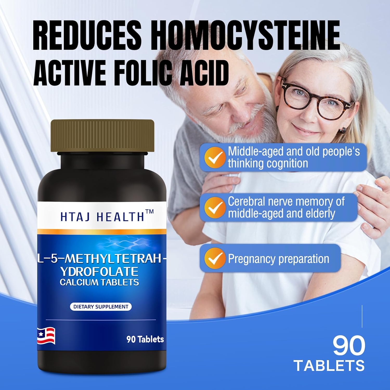 HTAJ HEALTH Folic Acid Supplement for Women - Supports Heart Health & Energy Metabolism - 90 Tablets - Made in USA